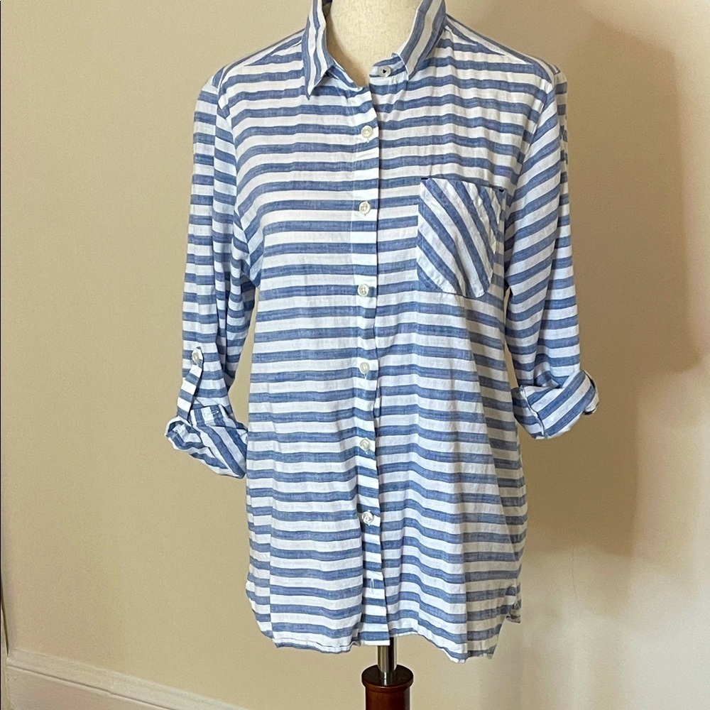 Barbour Blue & White Striped Button-Down Shirt | 100% Cotton | Size 6 | EUC